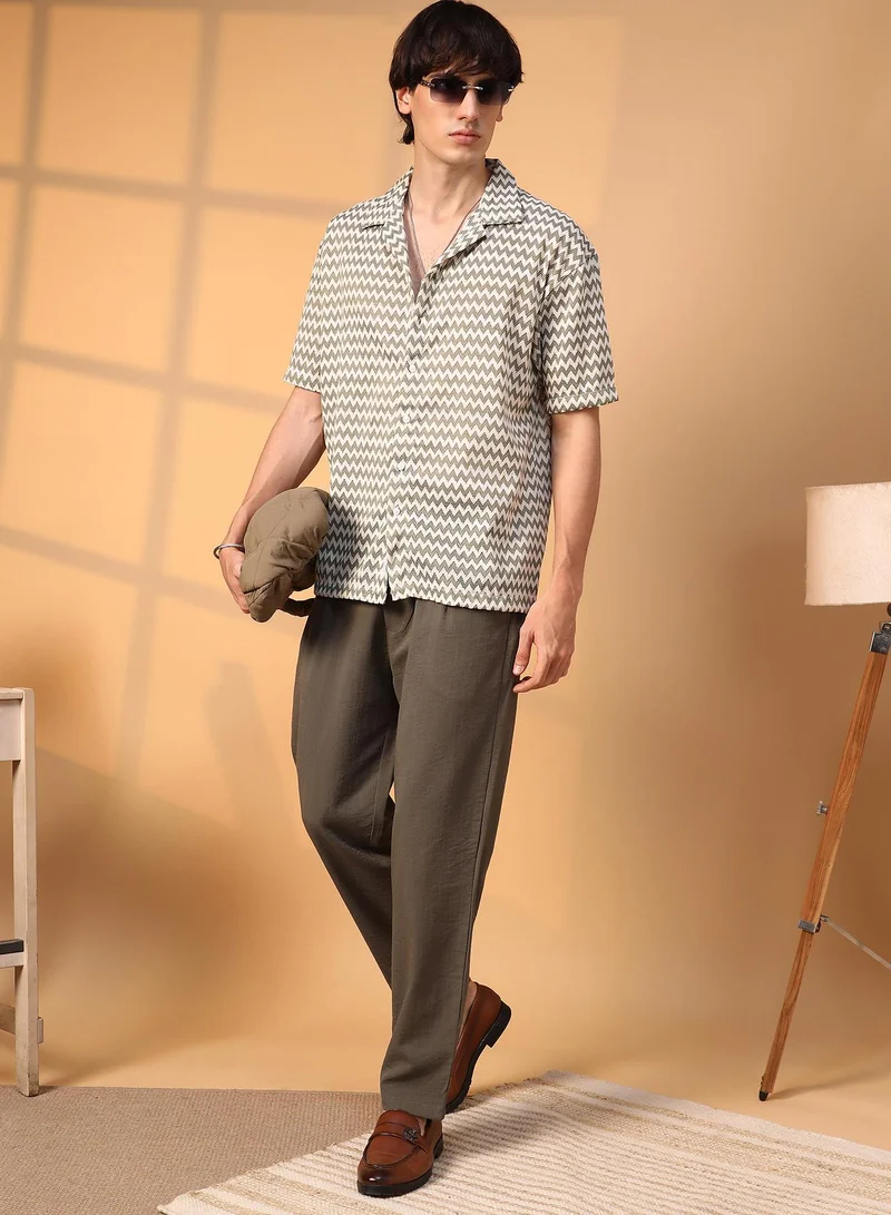 Campus Sutra Men's Olive Green & Powder White Chevron-Striped Oversized Shirt
