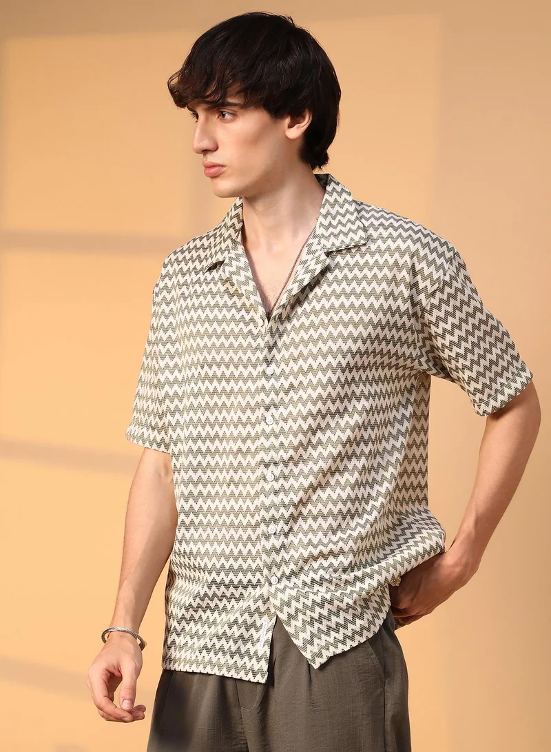 Campus Sutra Men's Olive Green & Powder White Chevron-Striped Oversized Shirt