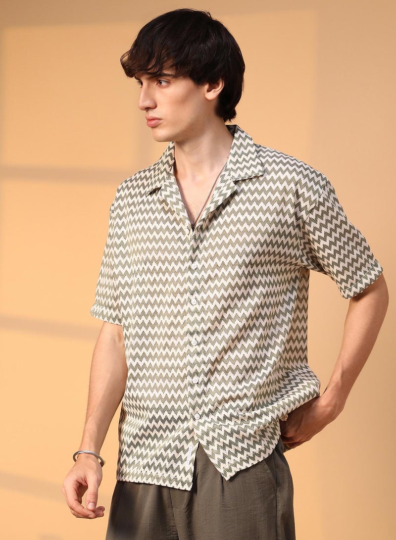 Campus Sutra Men's Olive Green & Powder White Chevron-Striped Oversized Shirt  - Image 3