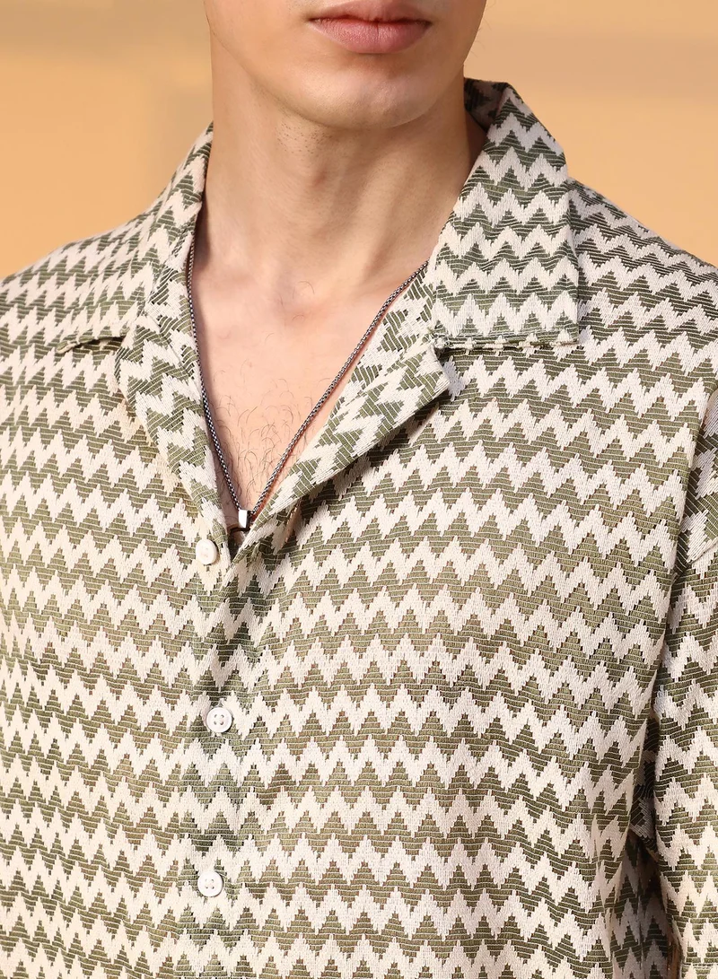 Campus Sutra Men's Olive Green & Powder White Chevron-Striped Oversized Shirt