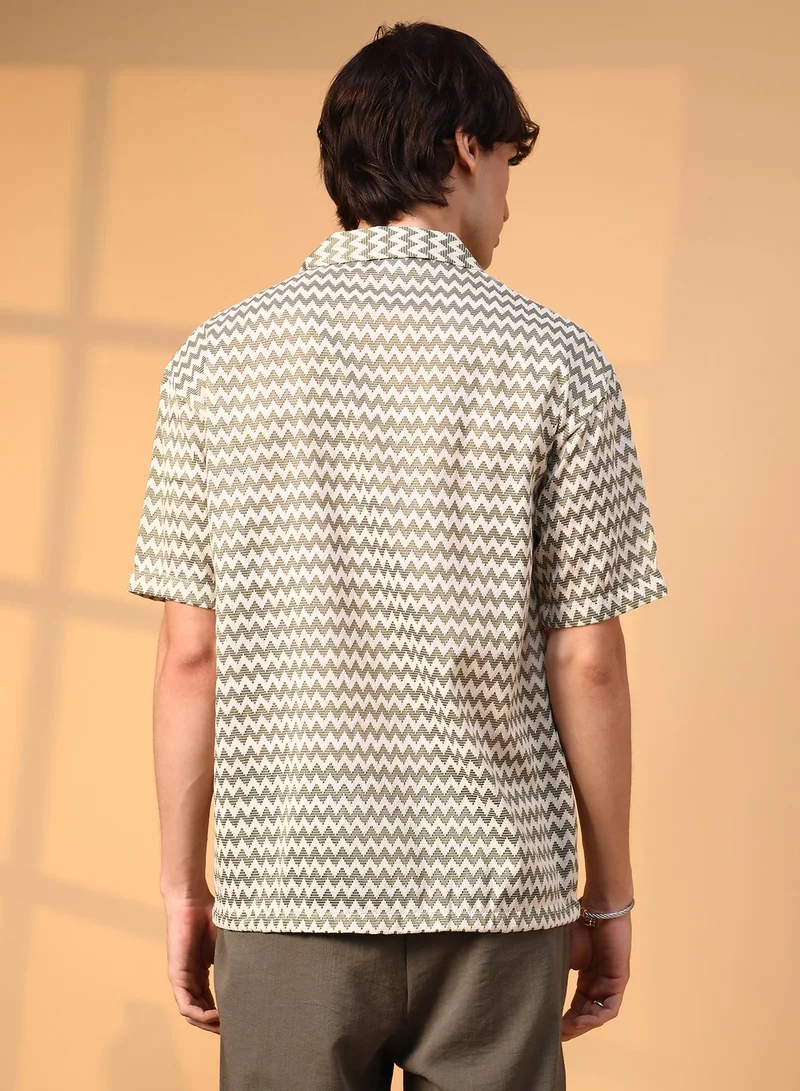 Campus Sutra Men's Olive Green & Powder White Chevron-Striped Oversized Shirt