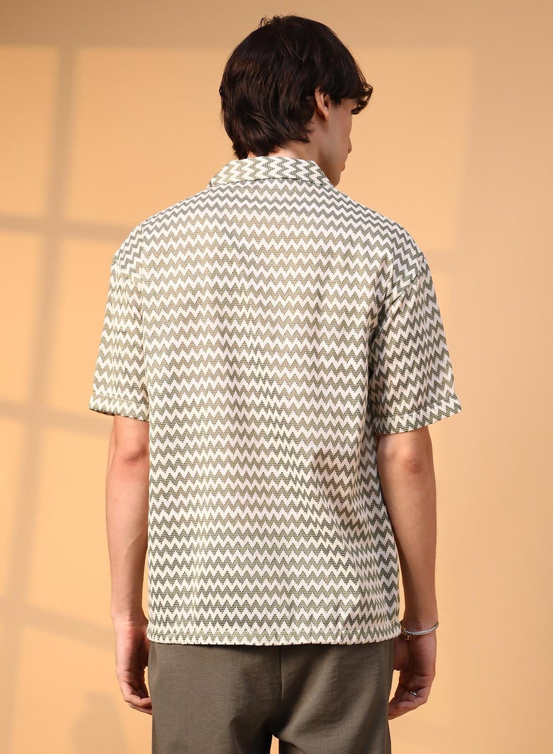 Campus Sutra Men's Olive Green & Powder White Chevron-Striped Oversized Shirt  - Image 5