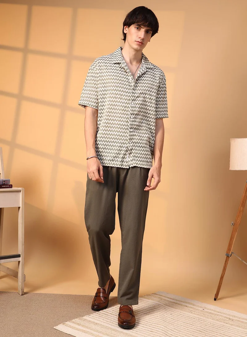Campus Sutra Men's Olive Green & Powder White Chevron-Striped Oversized Shirt