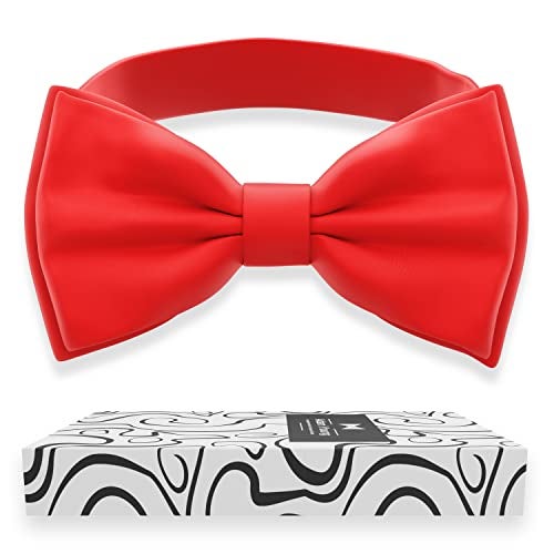 Adam Young Men's Scarlet Bow Tie Pre-Tied Style Formal Satin Classic Bowtie for Tuxedo Faux Silk (Large, Red) - Image 1