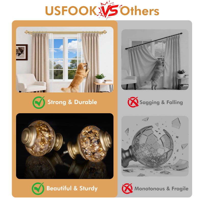 USFOOK 1 Inch Gold Double Curtain Rods 72 to 144 Inches (6 to 12 ft), USFOOK Drapery Rods for Windows, Telescoping Dual Curtain Rod with Luxury Translucent Finials - Image 5