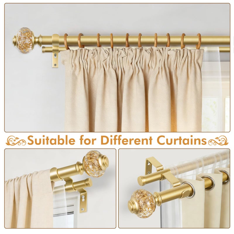 USFOOK 1 Inch Gold Double Curtain Rods 72 to 144 Inches (6 to 12 ft), USFOOK Drapery Rods for Windows, Telescoping Dual Curtain Rod with Luxury Translucent Finials - Image 4