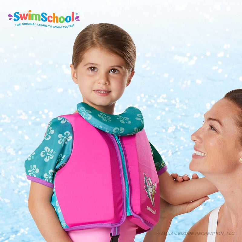 SwimSchool Swim Trainer - Medium/Large - Swim Vest with Shoulder Sleeves, Adjustable Safety Strap, and Removable Chin-Up Collar -Pink/Aqua - Image 5