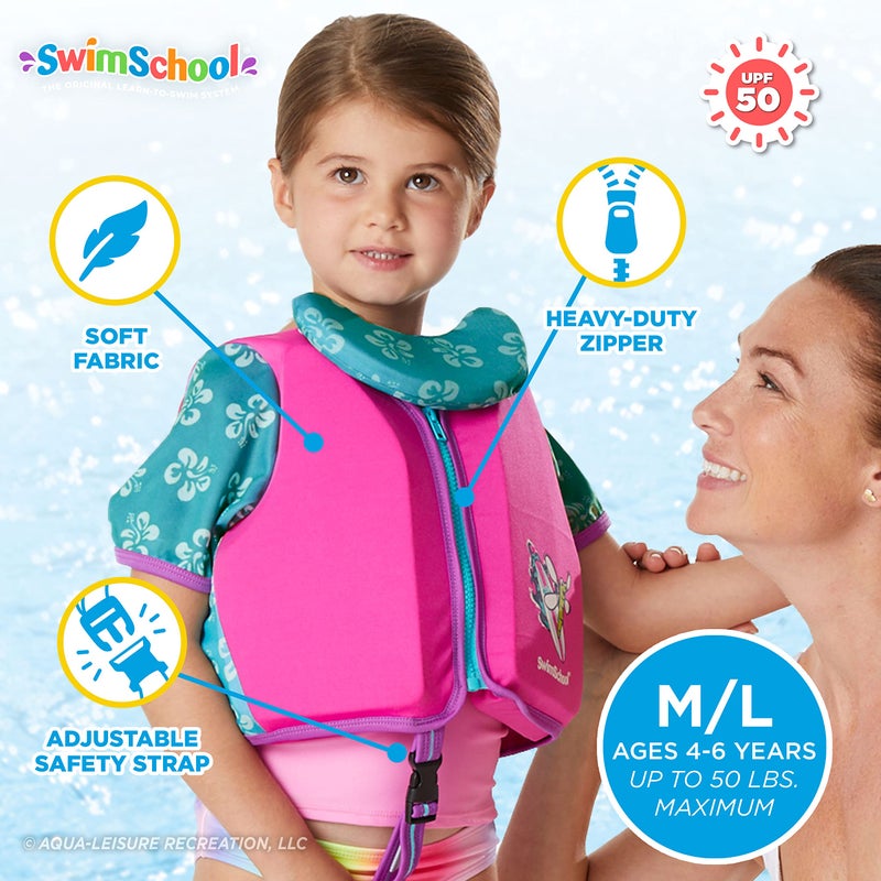 SwimSchool Swim Trainer - Medium/Large - Swim Vest with Shoulder Sleeves, Adjustable Safety Strap, and Removable Chin-Up Collar -Pink/Aqua - Image 2