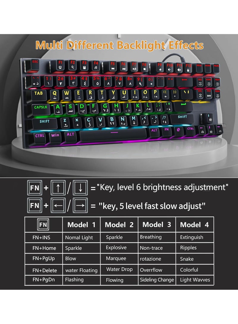 Beauenty English Arabic Mechanical Gaming Keyboard with LED Backlit, Quick Response USB Wired Waterproof 87 Keys Keyboard for Windows/MacOS/Android PC Gamers - Black/Blue Switch - Image 5