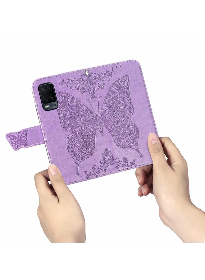 اس-توب جراب لهاتف OPPO A54 4G، جراب جلدي أفقي منقوش عليه زهور حب الفراشات مع حامل وفتحات للبطاقات ومحفظة وحبل تعليق - Image 5