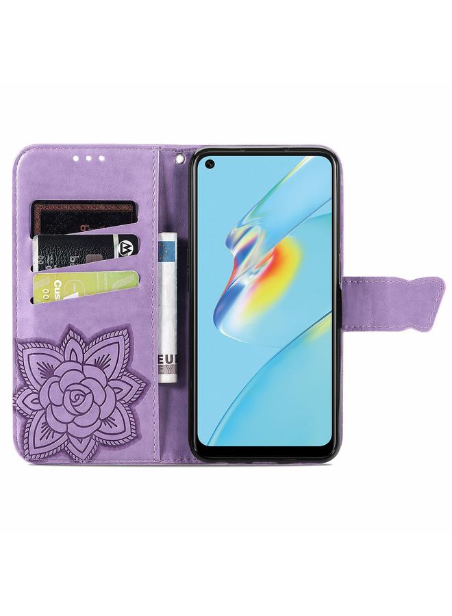 اس-توب جراب لهاتف OPPO A54 4G، جراب جلدي أفقي منقوش عليه زهور حب الفراشات مع حامل وفتحات للبطاقات ومحفظة وحبل تعليق - Image 3