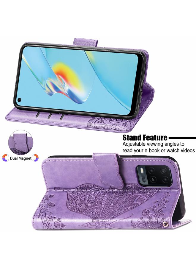 اس-توب جراب لهاتف OPPO A54 4G، جراب جلدي أفقي منقوش عليه زهور حب الفراشات مع حامل وفتحات للبطاقات ومحفظة وحبل تعليق - Image 4