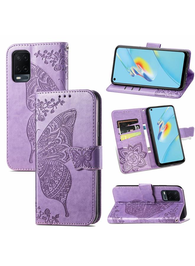 اس-توب جراب لهاتف OPPO A54 4G، جراب جلدي أفقي منقوش عليه زهور حب الفراشات مع حامل وفتحات للبطاقات ومحفظة وحبل تعليق - Image 1