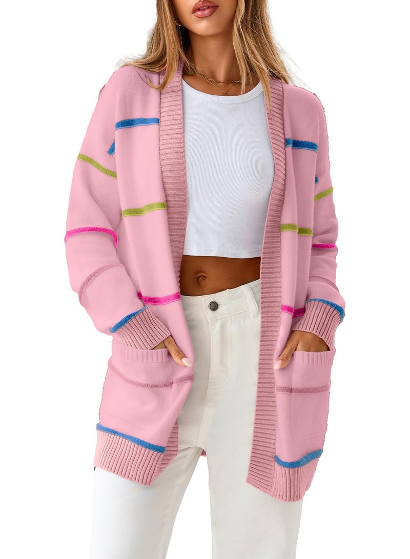 Sidefeel Women's Open Front Long Sleeve Cardigan Sweaters Colorful Striped Casual Lightweight Outerwear Coats Fall Fashion Clothes Pink Small - Image 1