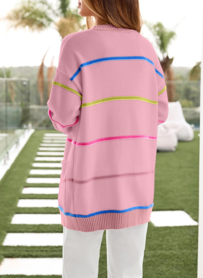 Sidefeel Women's Open Front Long Sleeve Cardigan Sweaters Colorful Striped Casual Lightweight Outerwear Coats Fall Fashion Clothes Pink Small - Image 4