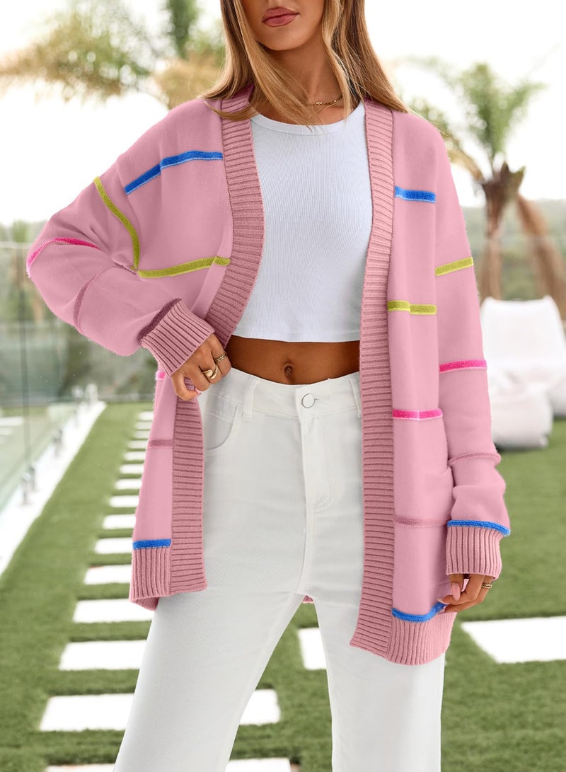 Sidefeel Women's Open Front Long Sleeve Cardigan Sweaters Colorful Striped Casual Lightweight Outerwear Coats Fall Fashion Clothes Pink Small - Image 5