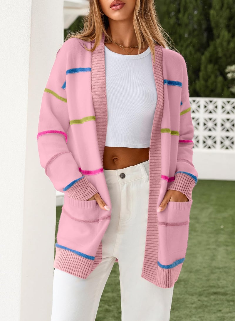 Sidefeel Women's Open Front Long Sleeve Cardigan Sweaters Colorful Striped Casual Lightweight Outerwear Coats Fall Fashion Clothes Pink Small - Image 2