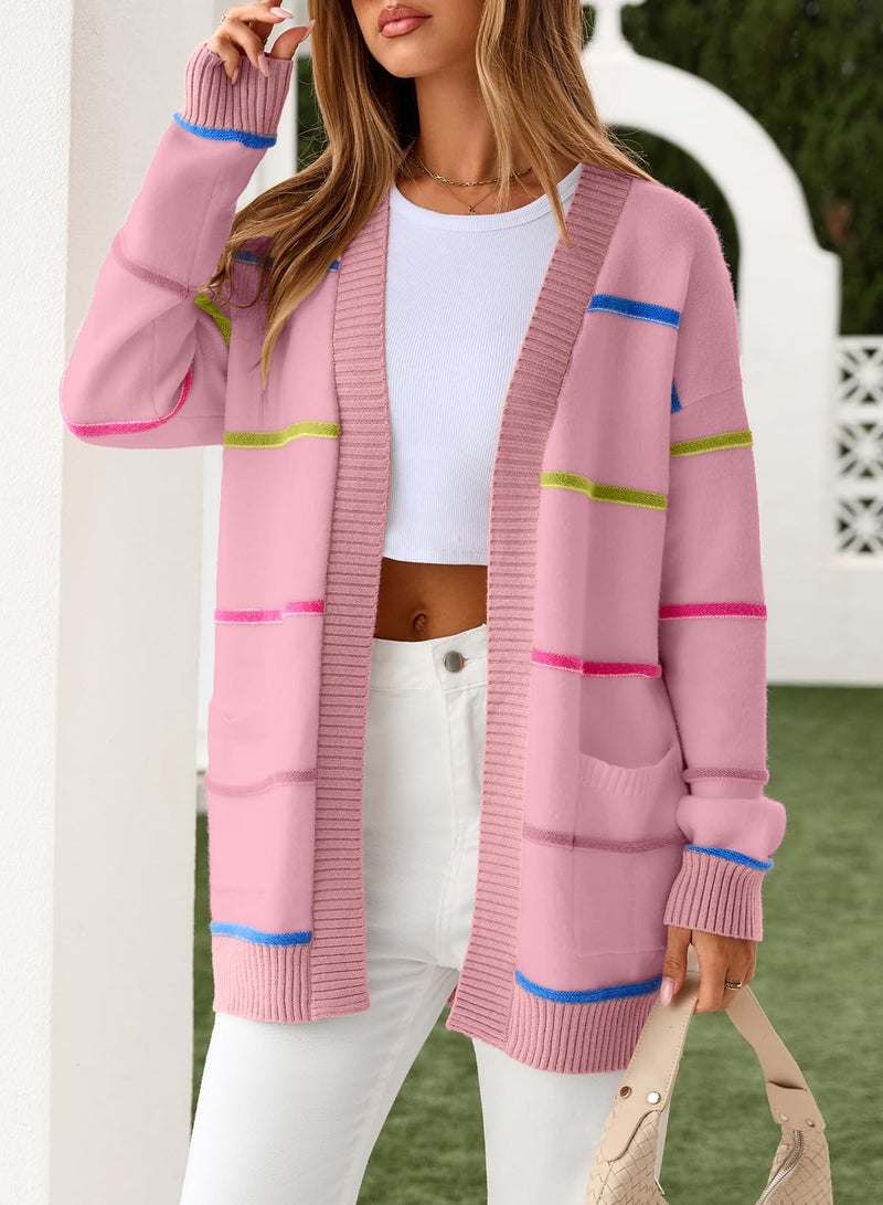 Sidefeel Women's Open Front Long Sleeve Cardigan Sweaters Colorful Striped Casual Lightweight Outerwear Coats Fall Fashion Clothes Pink Small - Image 3
