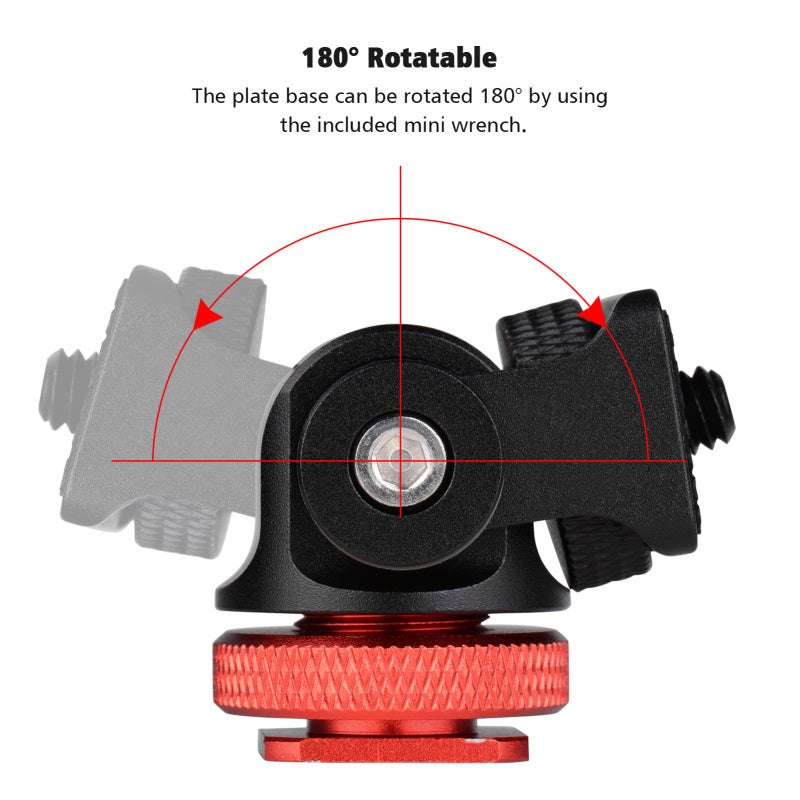 Cold Shoe Mount Adapter: Red Aluminum Alloy Mini Size With 1/4 Inch Screw, Anti-Slip Rubber Pad - Tool-Free 90° Tilt Adjustment, Side Locking Knob For Dslr Camera, Tripod, Field Monitor, Microphone - Image 2