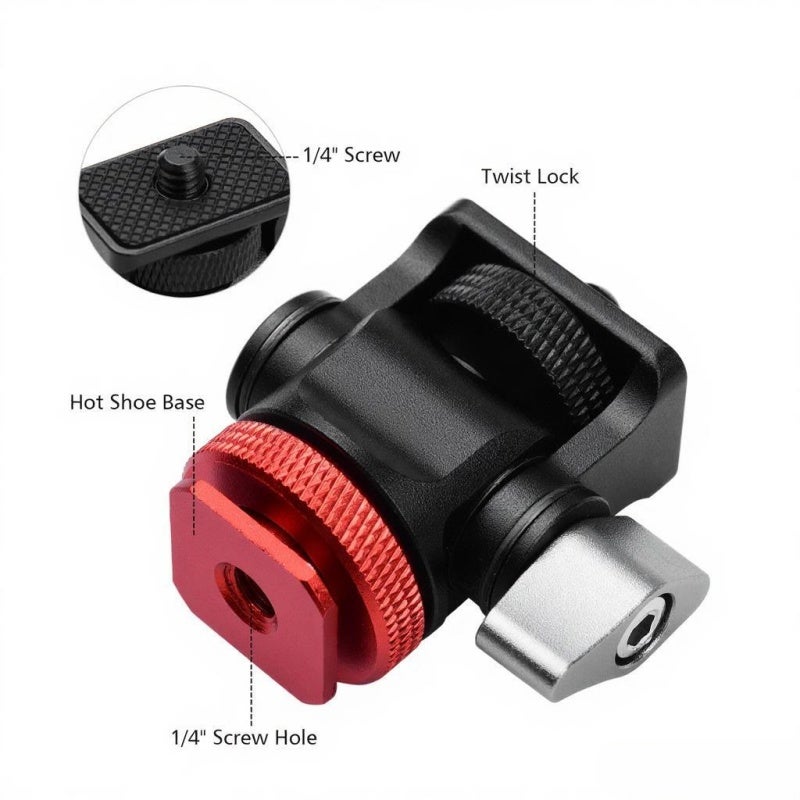 Cold Shoe Mount Adapter: Red Aluminum Alloy Mini Size With 1/4 Inch Screw, Anti-Slip Rubber Pad - Tool-Free 90° Tilt Adjustment, Side Locking Knob For Dslr Camera, Tripod, Field Monitor, Microphone - Image 3