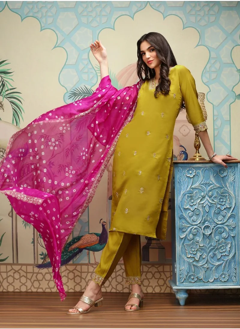 آي شين Women's Yellow Viscose Blend Embellished Tunic Full Length Casual Straight Fit Kurta Set