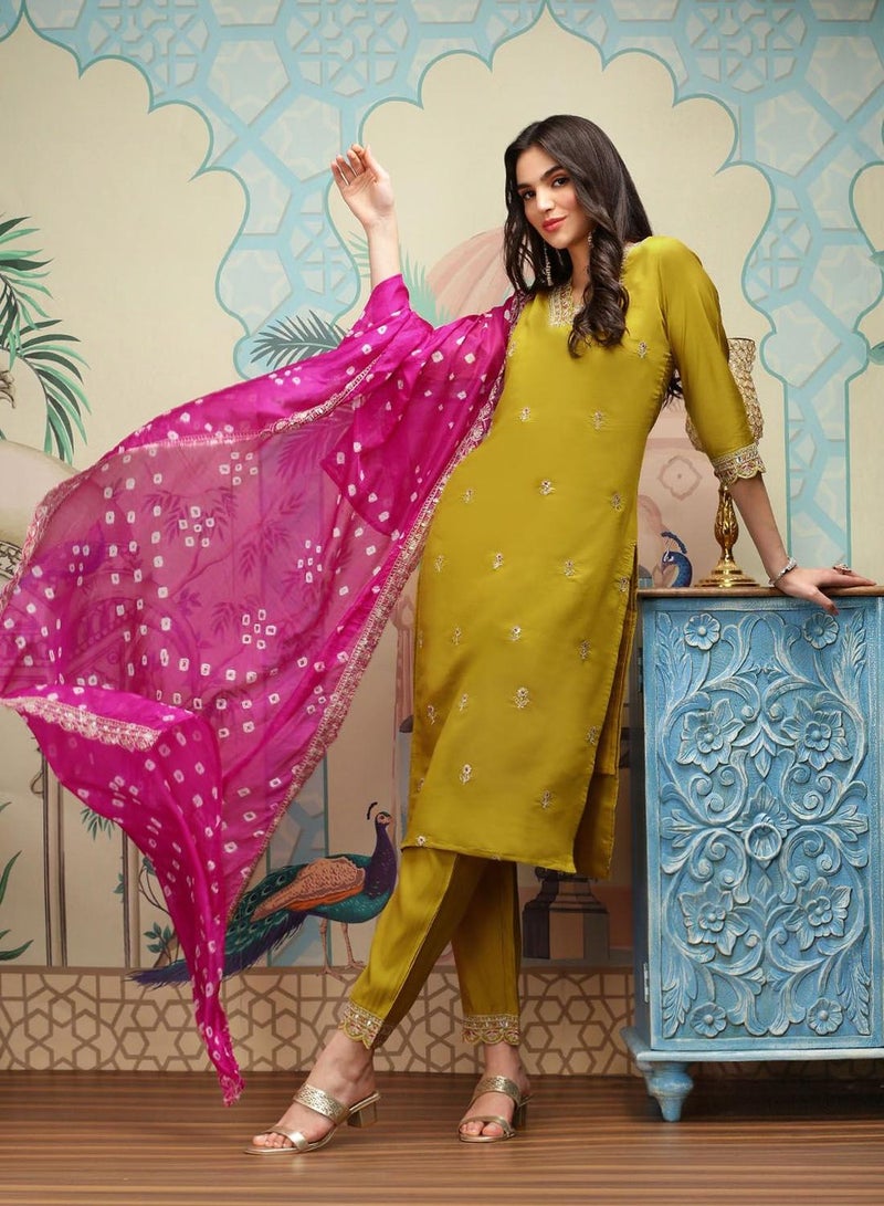 ISHIN Women's Yellow Viscose Blend Embellished Tunic Full Length Casual Straight Fit Kurta Set  - Image 1