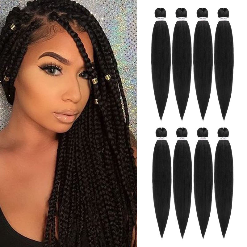 DIFUNEE Prestretched Braiding Hair 18 Inch 8 Packs Natural Black Long Braiding Hair For Twist or Box Braids Yaki Texture Hot Water Setting Synthetic Braiding Hair Extensions 18 Inch 1B8P