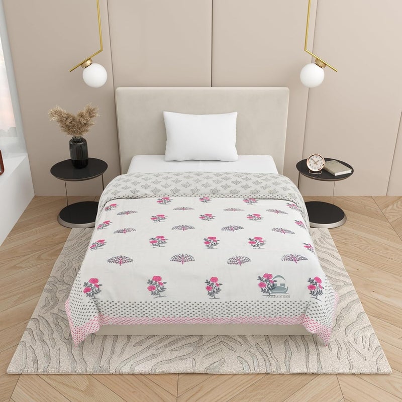 AARMOZY Cotton Jaipuri Razai Single Bed Hand Block Print Floral Quilt Blanket PinkGery Single Bed I - Image 2