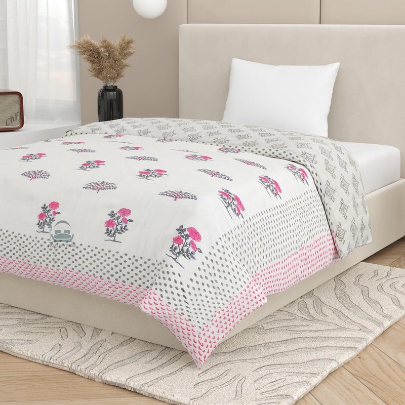 AARMOZY Cotton Jaipuri Razai Single Bed Hand Block Print Floral Quilt Blanket PinkGery Single Bed I - Image 3