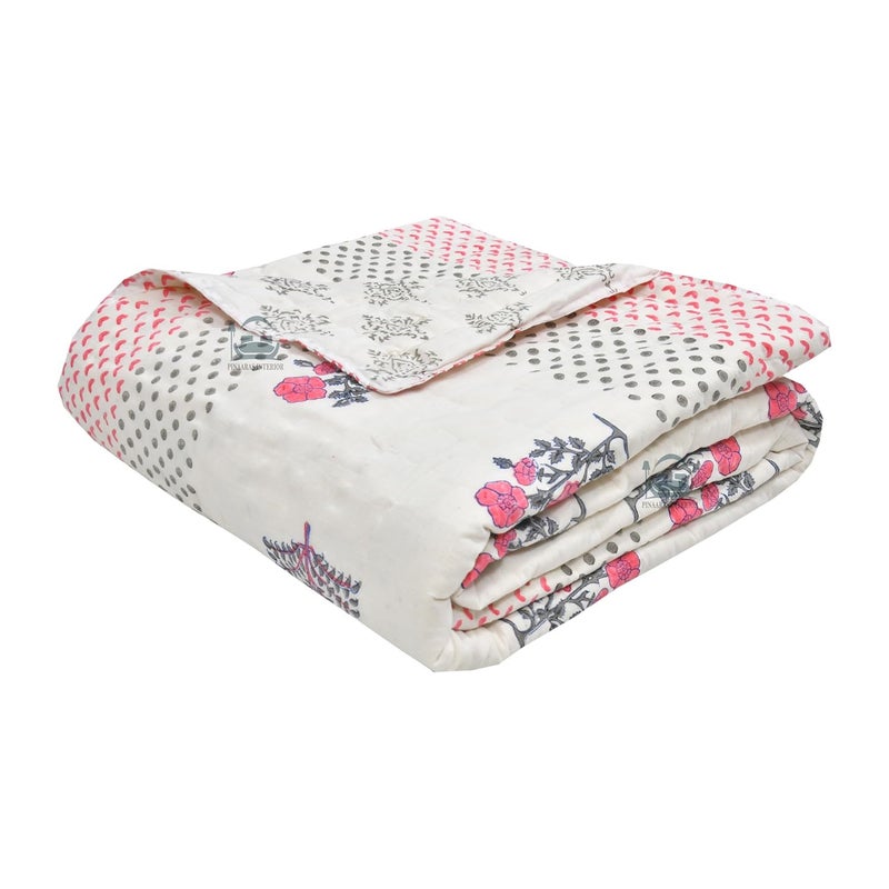 AARMOZY Cotton Jaipuri Razai Single Bed Hand Block Print Floral Quilt Blanket PinkGery Single Bed I - Image 5