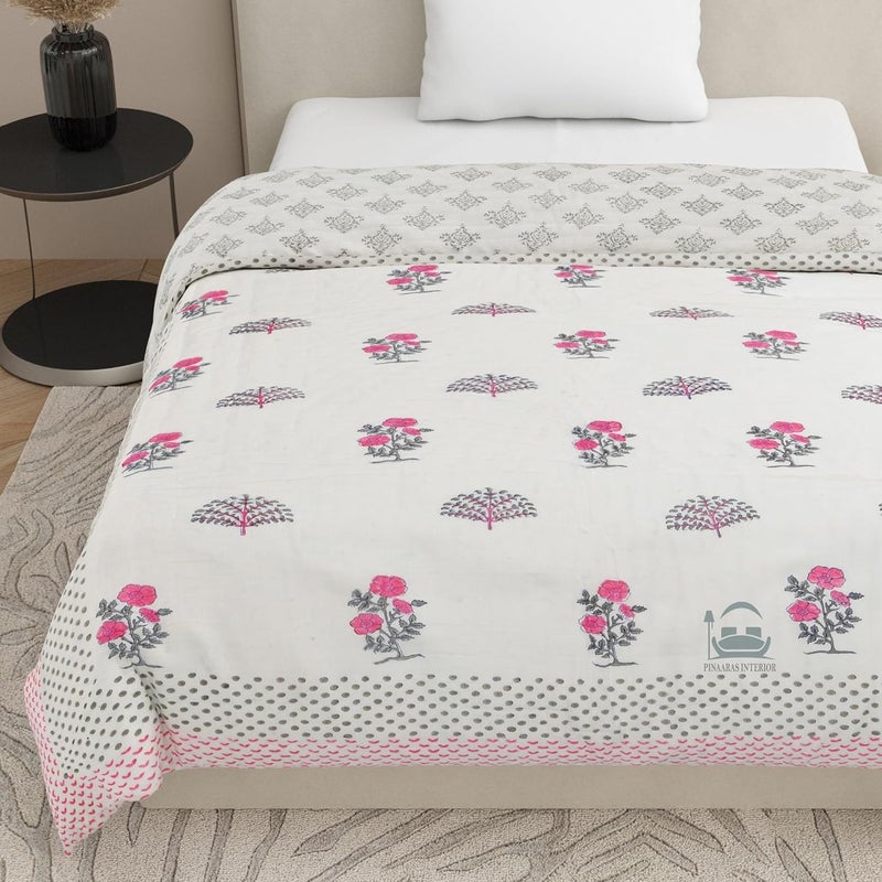 AARMOZY Cotton Jaipuri Razai Single Bed Hand Block Print Floral Quilt Blanket PinkGery Single Bed I - Image 4