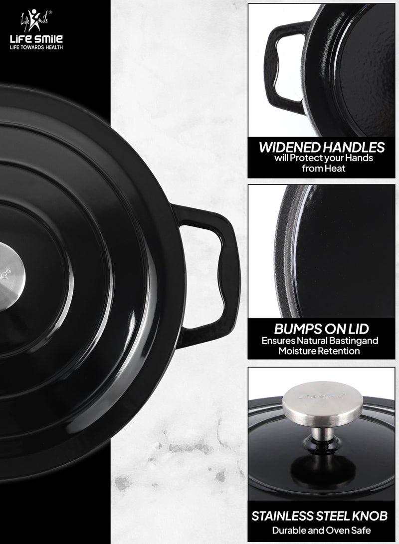 Life Smile 28cm Enameled Cast Iron Cooking Pot -5 Layer Rust-proof Coating Oven Safe Induction Bottom 3.5L Shallow Pot (Black) - Image 5