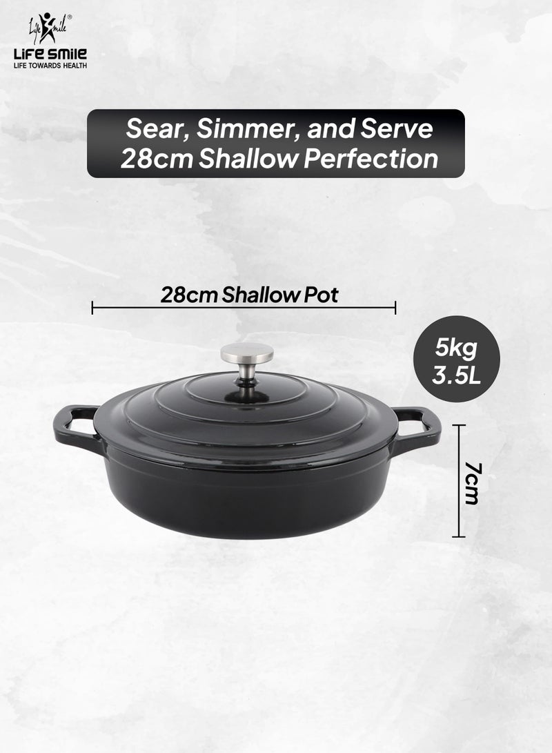 Life Smile 28cm Enameled Cast Iron Cooking Pot -5 Layer Rust-proof Coating Oven Safe Induction Bottom 3.5L Shallow Pot (Black) - Image 3