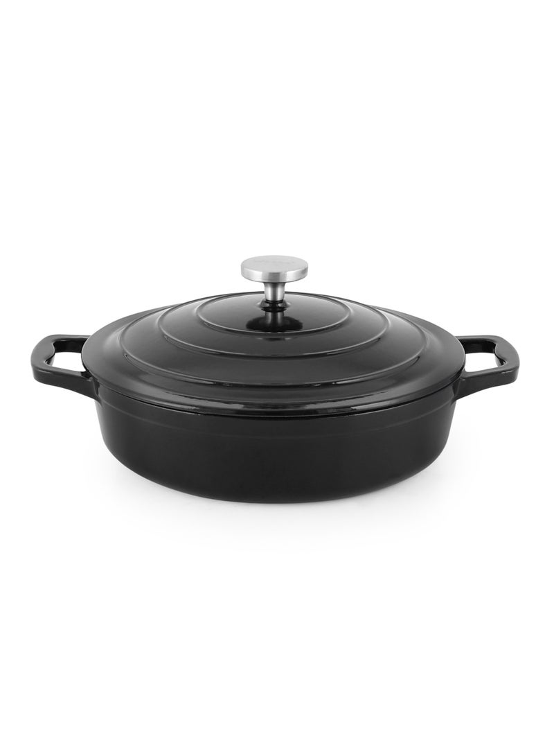 Life Smile 28cm Enameled Cast Iron Cooking Pot -5 Layer Rust-proof Coating Oven Safe Induction Bottom 3.5L Shallow Pot (Black) - Image 1