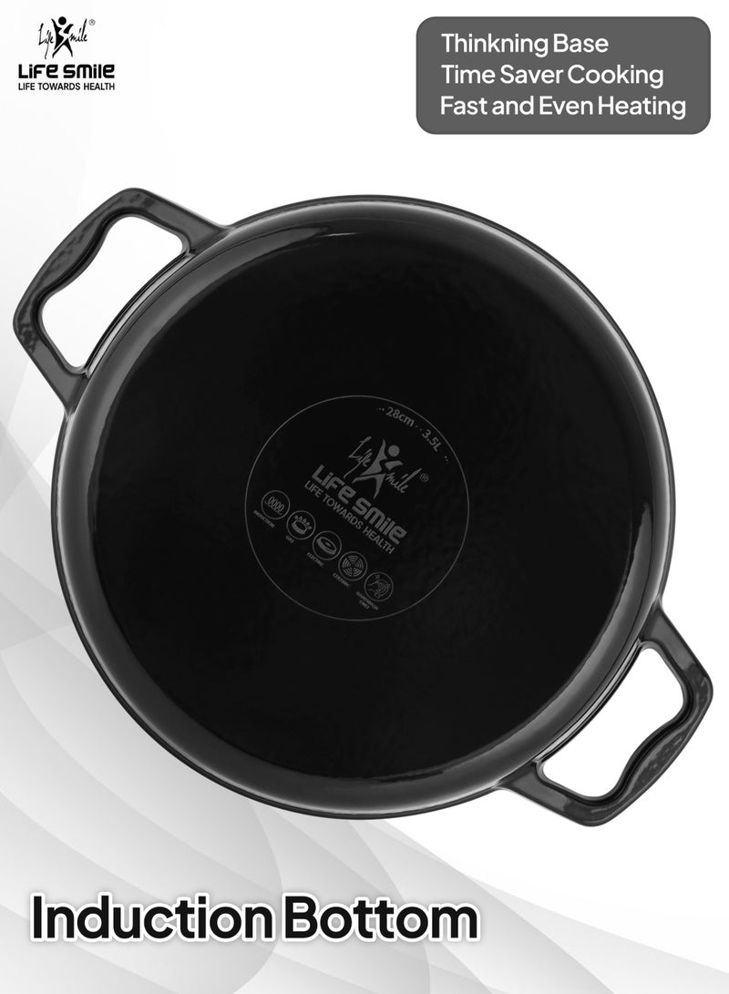 Life Smile 28cm Enameled Cast Iron Cooking Pot -5 Layer Rust-proof Coating Oven Safe Induction Bottom 3.5L Shallow Pot (Black) - Image 2