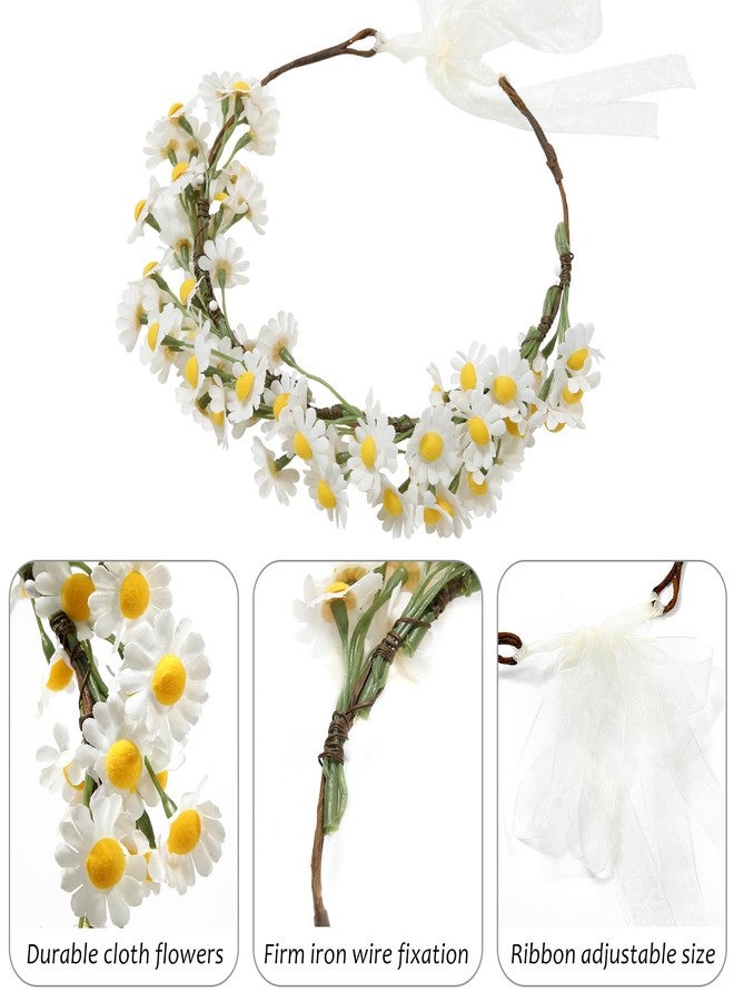 AWAYTR Flower Hippie Floral Crown - Boho Sunflower Headband for Women, Hippie Costume and Hair Accessories (White) - Image 2