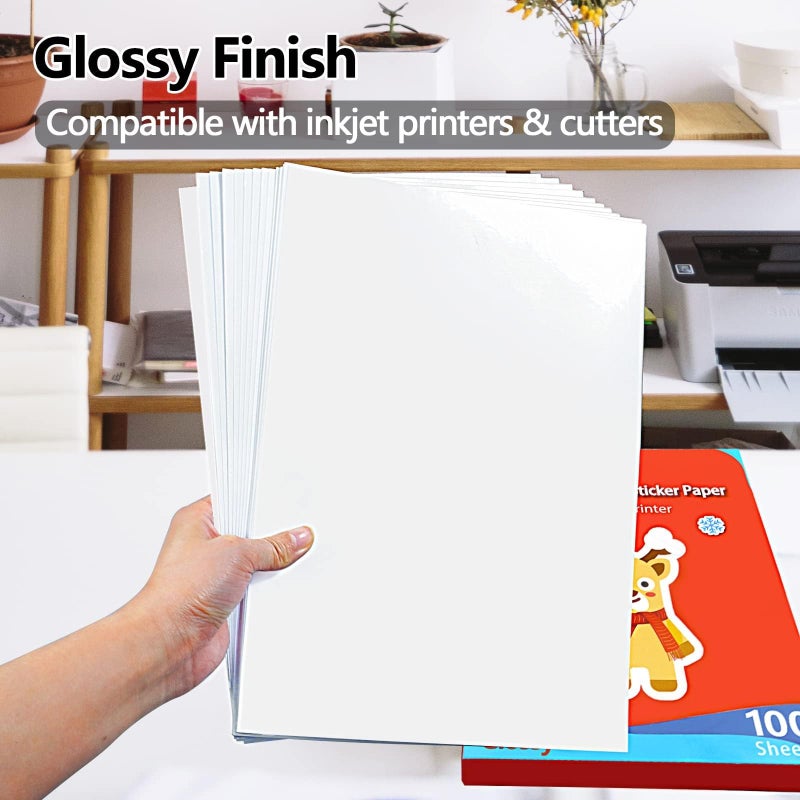 Lzerking Glossy Printable Vinyl Sticker Paper for Printer - 100 Sheets White Self-Adhesive, Quick-Drying Waterproof, for Inkjet & Laser Printers, Compatible with Cricut for Small Business, 8.5x11in - Image 4