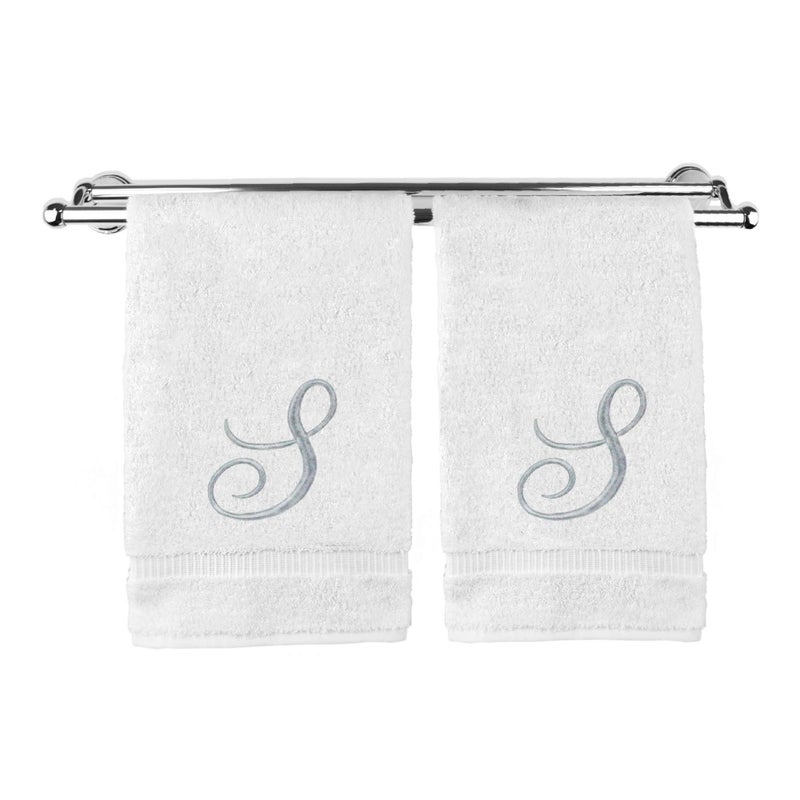 BC BARE COTTON Monogrammed Hand Towel, Personalized Gift, 16 x 30 Inches - Set of 2 - Silver Embroidered Towel - Extra Absorbent 100% Turkish Cotton- Soft Terry Finish - For Bathroom, Kitchen and Spa- Script S White - Image 1