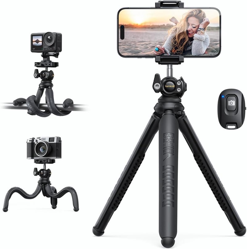 Flexible Phone Tripod with Wireless Remote - 3 in 1 Integrated Stand for iPhone, GoPro, and Digital Cameras - Image 1