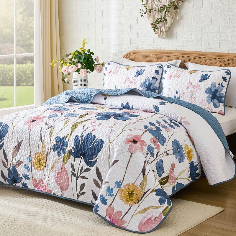 Anibedding Queen Quilt Set, Dark Blue Floral Bedspread Soft Microfiber Lightweight Queen Size Quilt Bedding Sets Flower Coverlet for All Season(Queen, 96"x90") - Image 2
