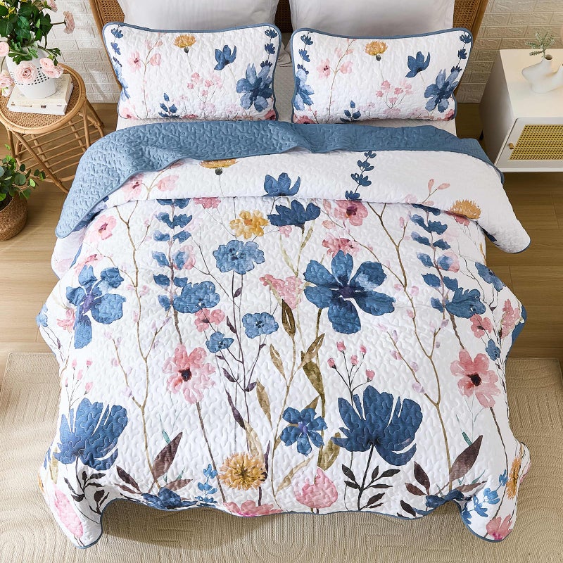 Anibedding Queen Quilt Set, Dark Blue Floral Bedspread Soft Microfiber Lightweight Queen Size Quilt Bedding Sets Flower Coverlet for All Season(Queen, 96"x90") - Image 4