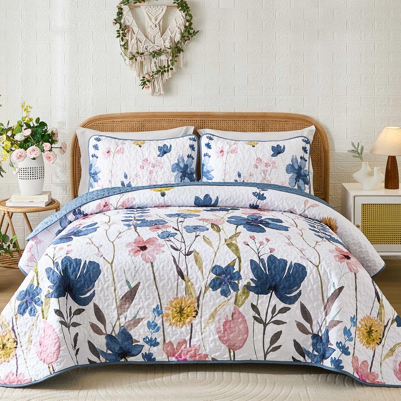 Anibedding Queen Quilt Set, Dark Blue Floral Bedspread Soft Microfiber Lightweight Queen Size Quilt Bedding Sets Flower Coverlet for All Season(Queen, 96"x90") - Image 1
