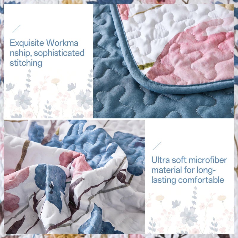 Anibedding Queen Quilt Set, Dark Blue Floral Bedspread Soft Microfiber Lightweight Queen Size Quilt Bedding Sets Flower Coverlet for All Season(Queen, 96"x90") - Image 5