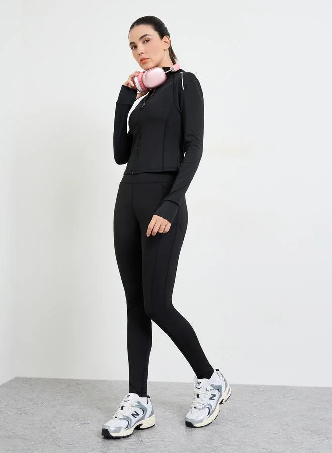 Styli Active Black Long Sleeves Thumbhole Detail Zip Up Jacket