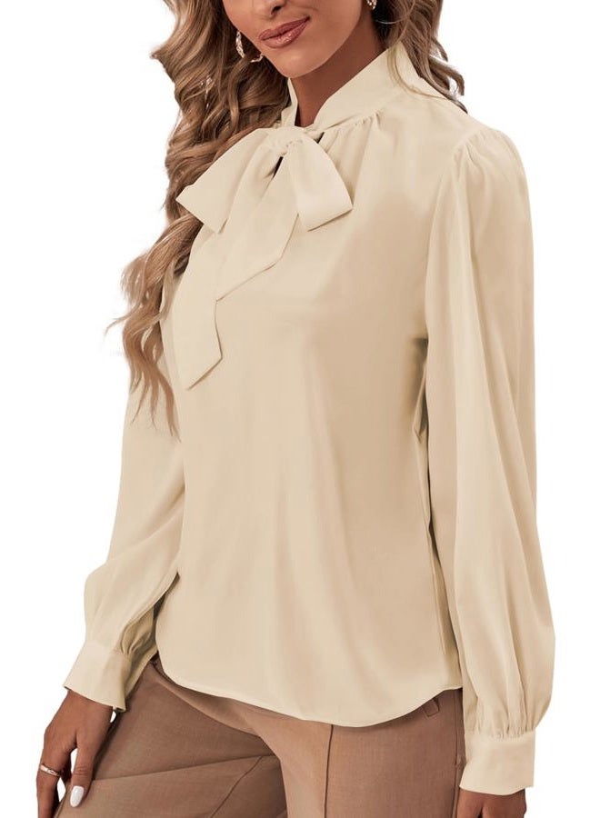Rooscier Women's Bow Tie Neck Long Sleeve Buttton Cuff Chiffon Elegant Blouse, Dark Beige, M - Image 4