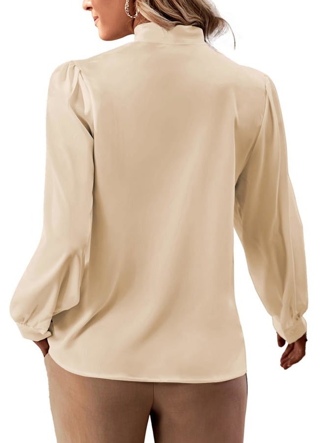 Rooscier Women's Bow Tie Neck Long Sleeve Buttton Cuff Chiffon Elegant Blouse, Dark Beige, M - Image 2