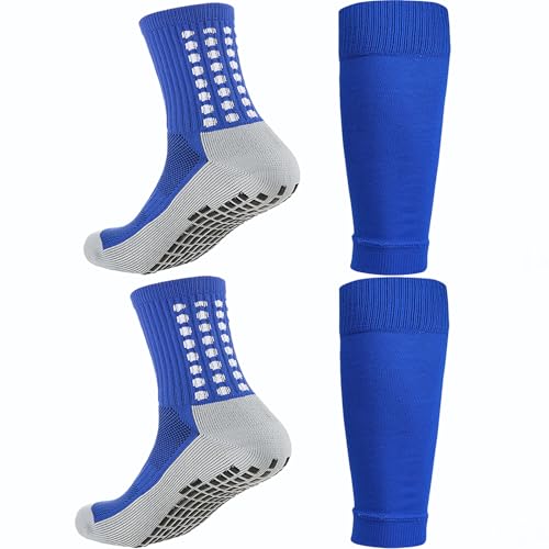 KMOLY 1 Set Kids Grip Soccer Socks and Shin Guard Sleeves for Age 7-14 Youth Boys Children Football Basketball Training (Blue) - Image 1