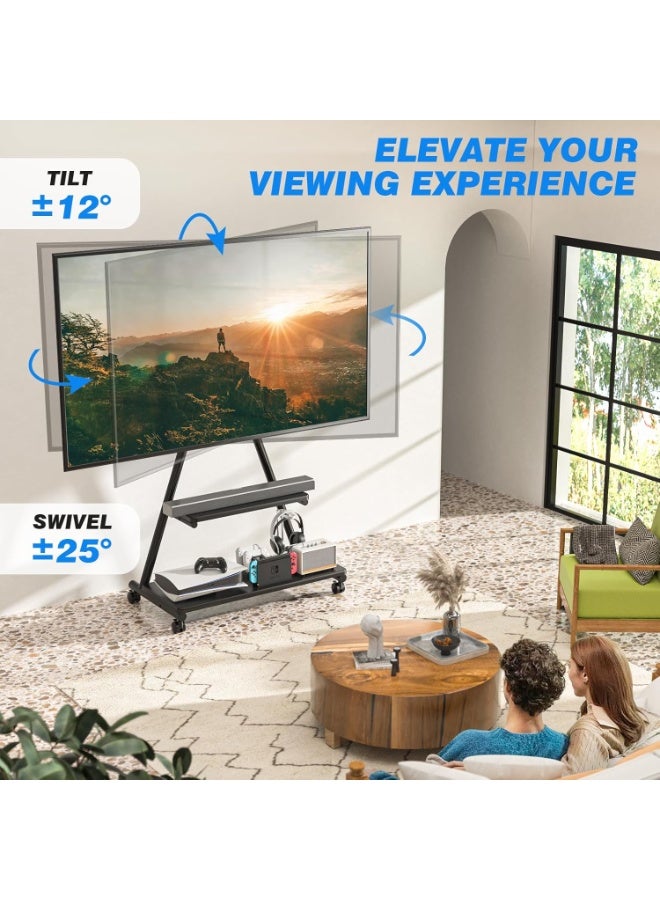 ارفايفر ستاند تلفزيون متحرك للحمل الثقيل للتلفزيونات من 43 إلى 80 بوصة بحد أقصى 150 رطل، عربة تلفزيون على عجلات مع رفوف تخزين مزدوجة، حامل تلفزيون خارجي مع إمكانية تعديل الميل والدوران للحصول على أفضل زوايا مشاهدة، أسود - MT6001 - Image 3