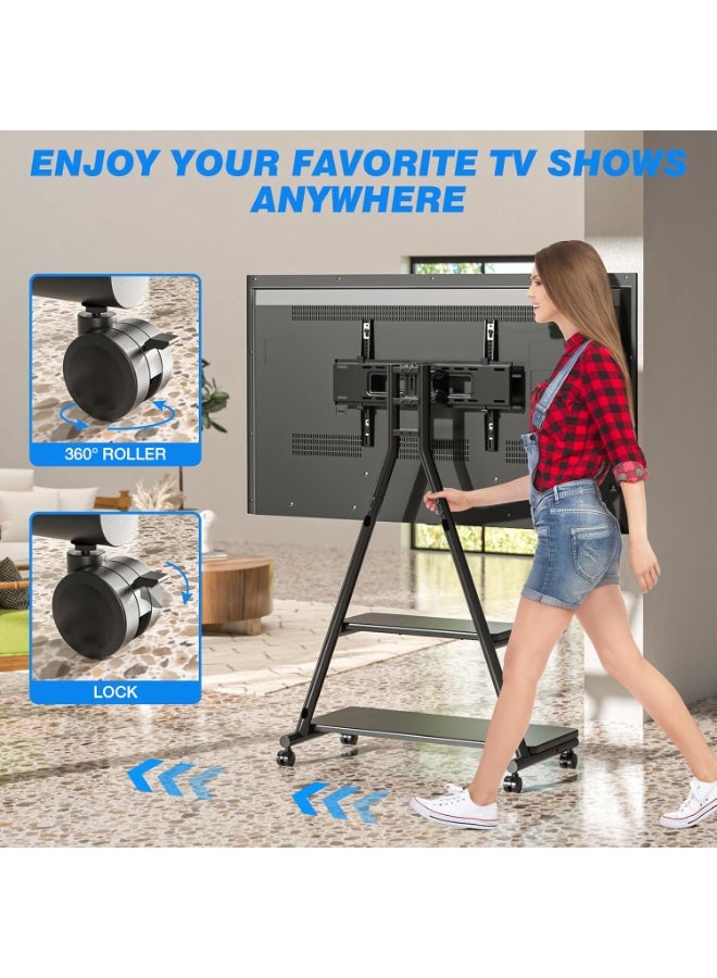 ارفايفر ستاند تلفزيون متحرك للحمل الثقيل للتلفزيونات من 43 إلى 80 بوصة بحد أقصى 150 رطل، عربة تلفزيون على عجلات مع رفوف تخزين مزدوجة، حامل تلفزيون خارجي مع إمكانية تعديل الميل والدوران للحصول على أفضل زوايا مشاهدة، أسود - MT6001 - Image 4