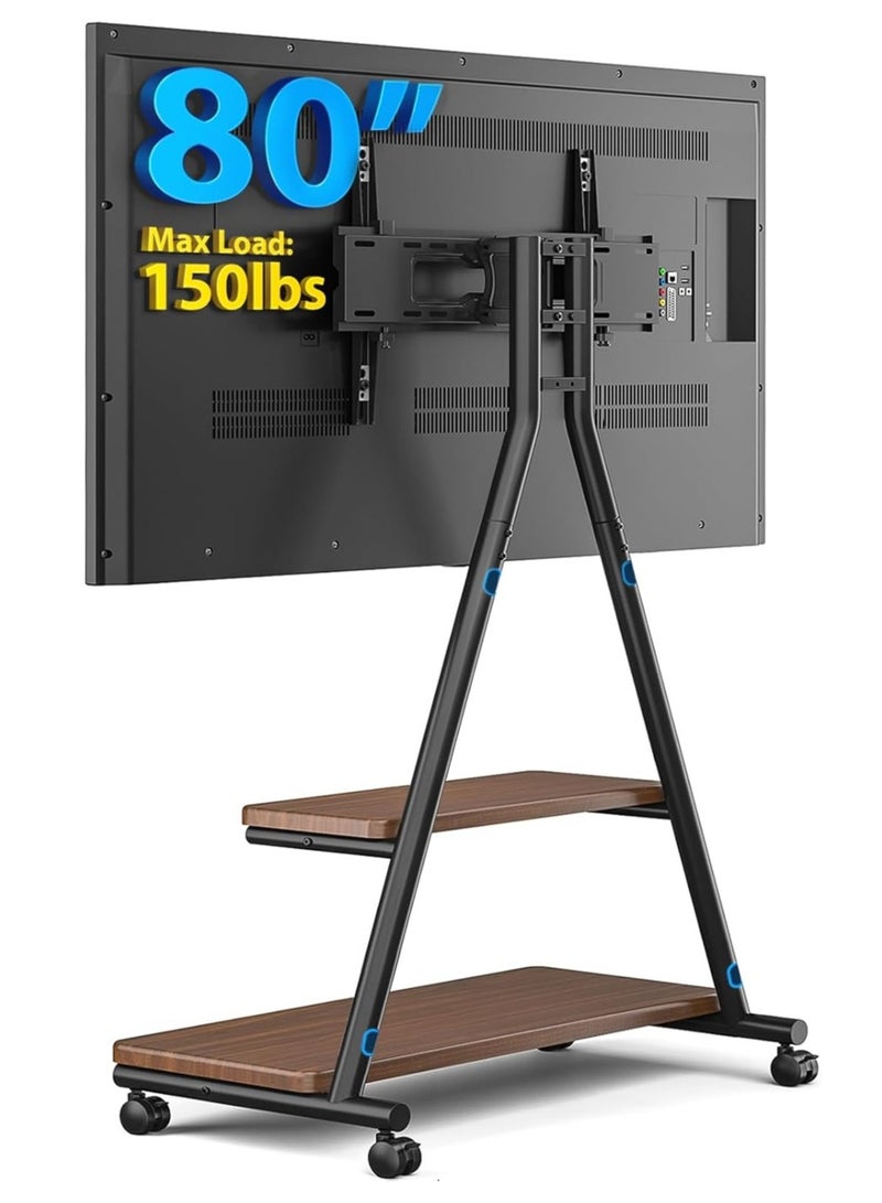 ارفايفر ستاند تلفزيون متحرك للحمل الثقيل للتلفزيونات من 43 إلى 80 بوصة بحد أقصى 150 رطل، عربة تلفزيون على عجلات مع رفوف تخزين مزدوجة، حامل تلفزيون خارجي مع إمكانية تعديل الميل والدوران للحصول على أفضل زوايا مشاهدة، أسود - MT6001 - Image 1